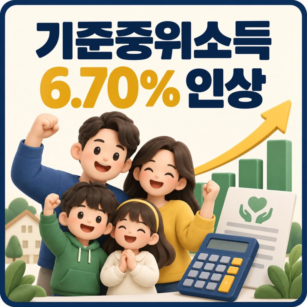 2027년 기준중위소득 6.70% 인상과 복지급여 기준을 표현한 가족과 계산기 대표 이미지