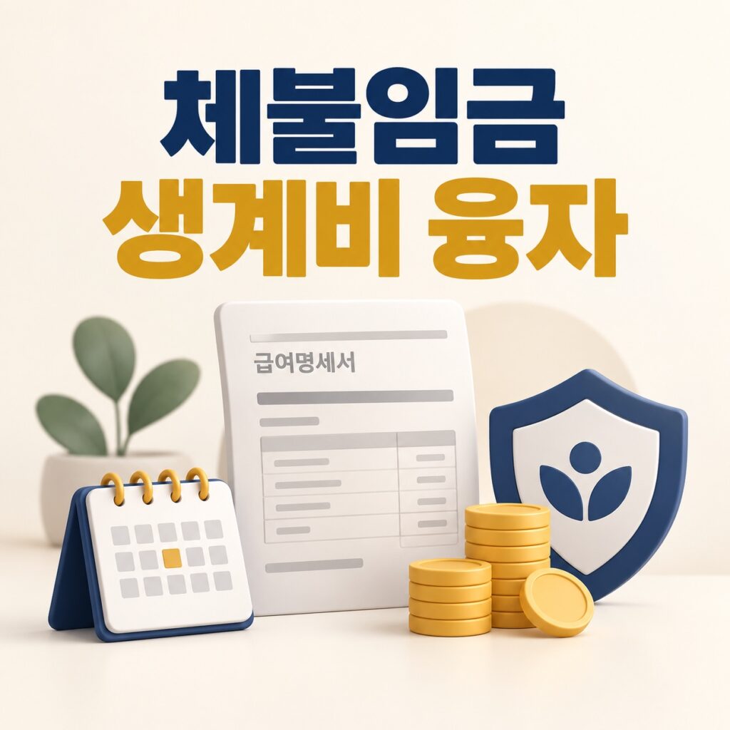 체불임금 생계비 융자를 상징하는 급여명세서와 달력, 방패, 동전의 네이비와 머스타드 3D 이미지